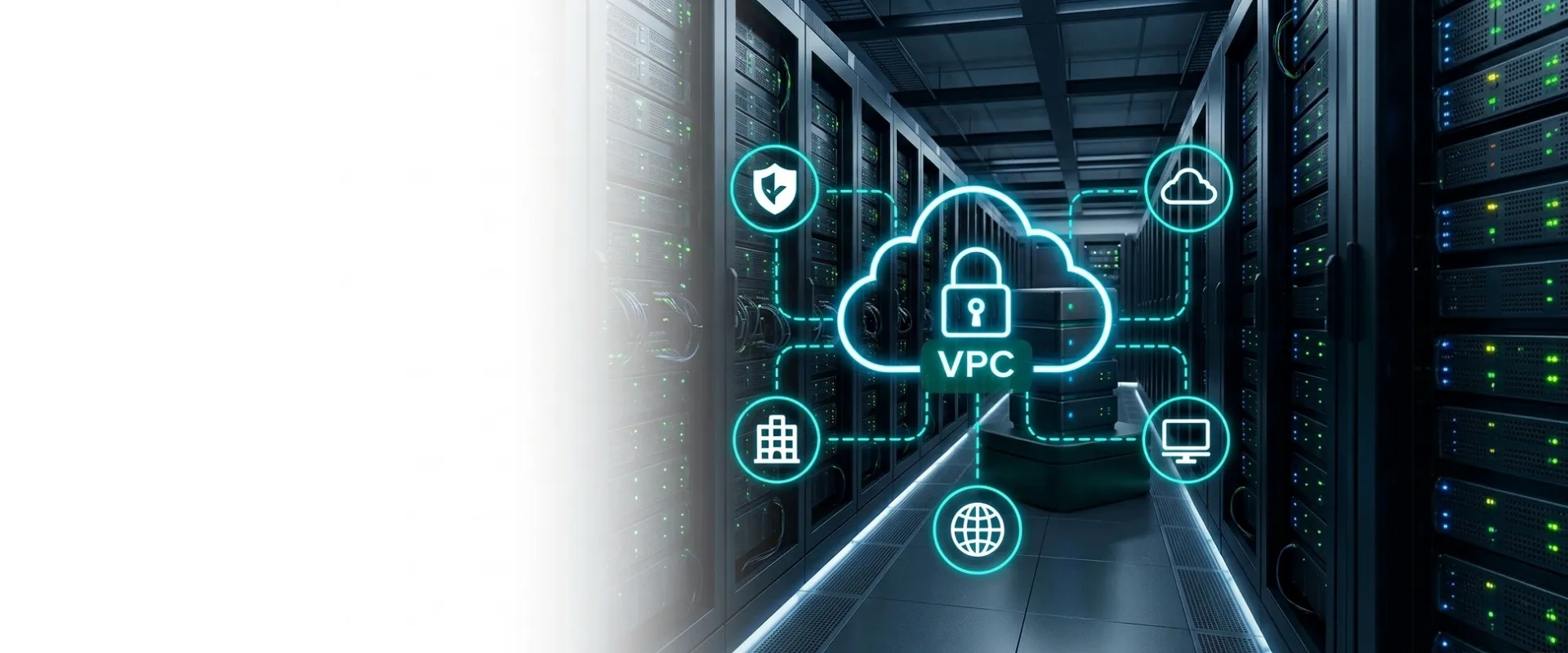 Datacenter de OwiruTech con red privada segura (VPC) sobre pasillo de servidores